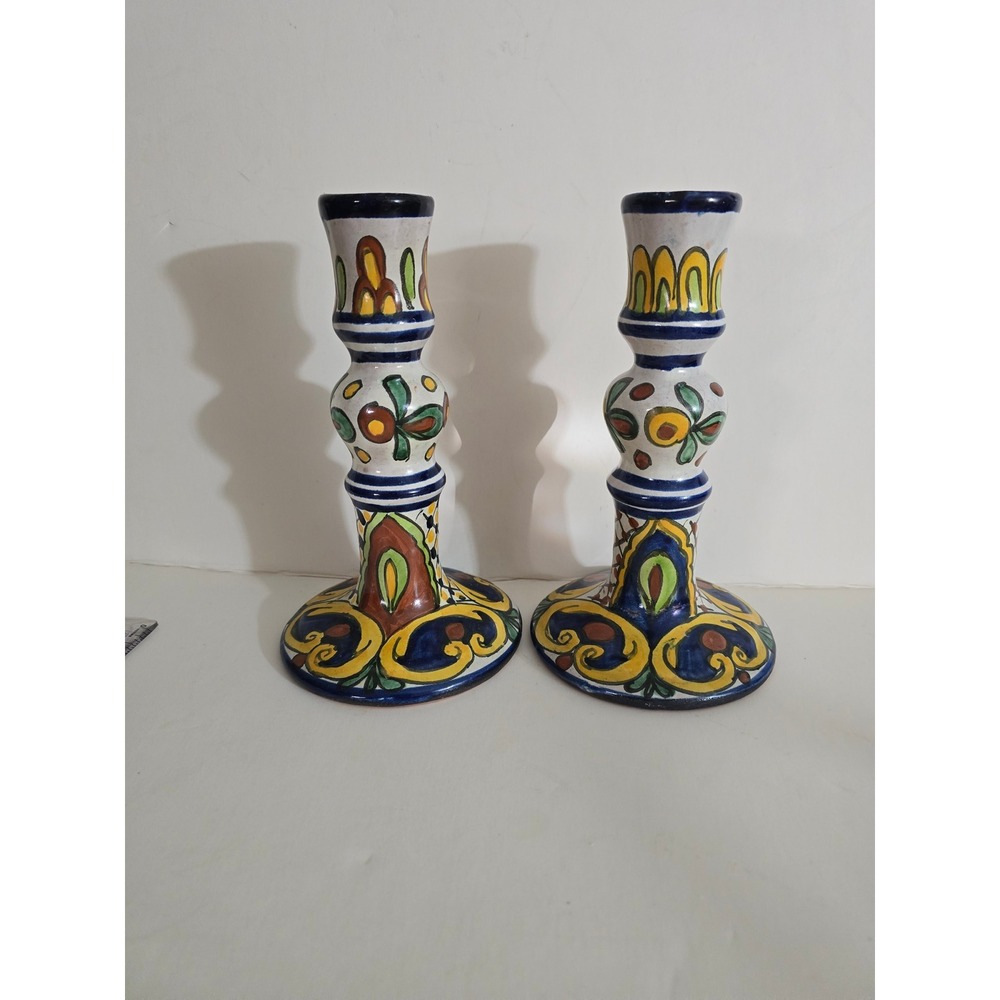 Vintage Hand Painted Ceramic Candlestick Holders Set of 2 Majolica Style 7.5"